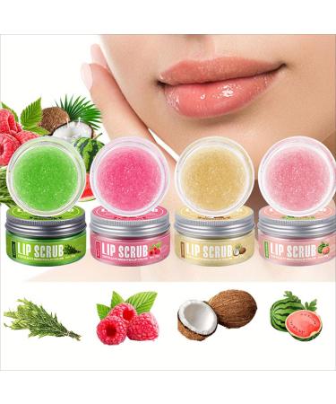 4 Color Fruity Lip Scrub - Exfoliator Moisturizer Lip Sugar Scrub Natural Lip Sugar Scrub for Women Even Skin Tone Lip Exfoliator Scrub for All Skin Types-Watermelon Raspberry Coconut Vanilla