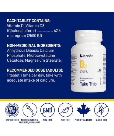 LEANFIT Vitamin D3 2500 IU Extra Strength 90 Tablets - To Keep Your Bones Strong Take This - Helps Prevent Vitamin D Deficiency - Sugar-Free Non-GMO Gluten-Free - Buy Online on GoSupps.com