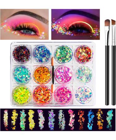 Sunnylisa 12 Colors Fluorescent Body Glitter Gel - Mermaid Sequin Sparkling Makeup for Festivals & Birthdays with 2 Brushes - Buy Online on GoSupps.com