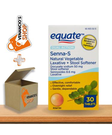 Equate Dual Action Senna-S Natural Vegetable Laxative + Stool Softener Tablets for Constipation + Includes Venancio sfridge Sticker (30 Count)