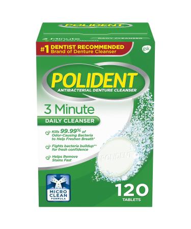 Polident 3-Minute Antibacterial Denture Cleanser - Mint, 3 Minute Whitening, 120 Count 120 Count (Pack of 1)