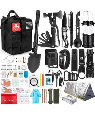 Survival Kit, 250Pcs Survival Gear First Aid Kit with Molle System Compatible Bag and Emergency Tent, Emergency Kit for Earthquake, Outdoor Adventure, Camping, Hiking, Hunting, Gifts for Men Women A-Black