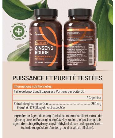 Panax Korean Red Ginseng - Extra Strong 12 500 mg - 60 Capsules - Ginseng Root Extract with 20% Ginsenosides - Vegan - Buy Online on GoSupps.com
