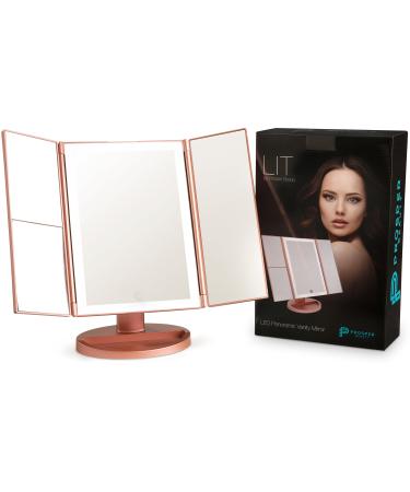 Prosper Beauty Lighted Makeup Mirror Vanity  LIT by 36 LED Lights Bright Natural Beauty Cosmetic Travel Trifold 1x/2x/3x Magnification USB Charging 180 Degree Adjustable Stand (Rose Gold)