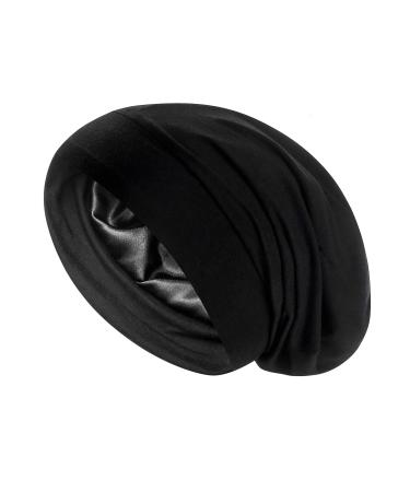 Satin Bonnet Sleep Cap Hair Cover Bonnet Satin Lined Slouchy Beanie Night Sleeping Hat - Adjustable for Curly Hair  Black