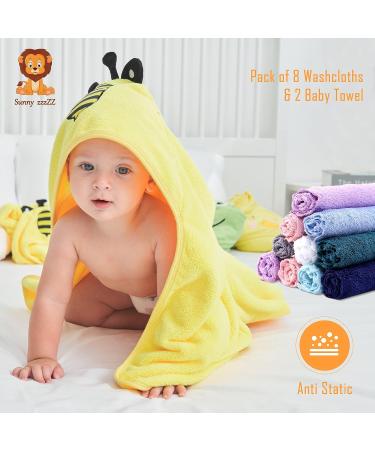 Sunny zzzZZ Baby Hooded Bath Towel and Washcloth Set - Baby Shower Towel Gifts - 2 Towels, 8 Washcloths - Yellow Bee & Grey Elephant - Buy Online on GoSupps.com