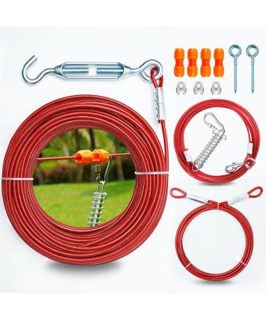 30.5 m heavy dog-tight trolley system for a dog-3 m strong dog runner cable for courtyard camping durable dog-zipline waving for large medium-sized and small dogs up to 113.4 kg 100 ft for one dog upto 250lbs red
