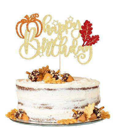 1Pc Maple Leaf Happy Birthday Cake Topper Glitter Fall Autumn Harvest Pumpkin Birthday Cake Pick Decorations for Thanksgiving Day Theme Birthday Party Cake Decorations Supplies Gold