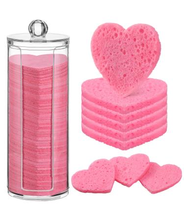 120 Pcs Compressed Facial Sponges with Container Heart Shape Face Sponge Natural Disposable Sponge Pads for Washing Face Cleansing Exfoliating Esthetician Makeup Removal (Pink)