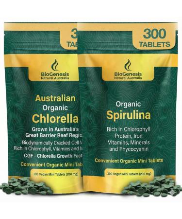 Biogenesis Organic Spirulina & Chlorella Minis Bundle Easy-to-Swallow Mini Tablets (200mg) Australian Grown Supergreens Rich in Phycocyanin & Chlorophyll 600 Count Supply