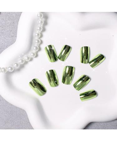 Mirror Metal Green Press On Nails - Medium Short Square Chrome Glazed Gel Nails | Reusable Thick Acrylic Nails for Women - Buy Online on GoSupps.com