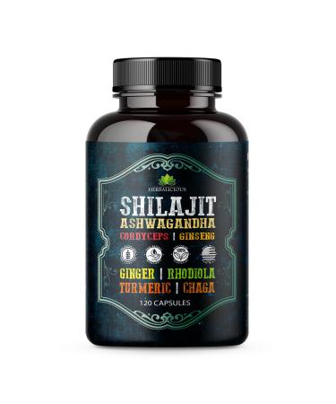 Shilajit for Men 8-in-1 Adaptogenic Supplement with Ashwagandha Cordyceps Ginseng Rhodiola Turmeric Chaga & Ginger Natural Energy Stress Relief & Immune Support 120 Vegan Capsules