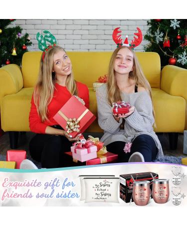 Sister Christmas Gift Set - 6 Pieces, 12oz Wine Tumblers, Makeup Bags & Keychains - Perfect Christmas/Birthday Present for Women, BFFs - Not Sisters by Blood But Sisters by Heart - with Gift Box - Buy Online on GoSupps.com