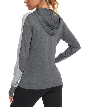 Wayleb Women's Long Sleeve Running Jacket - Breathable Hooded Sports Jacket with Thumb Holes & Bag for Yoga & Fitness - Dark Gray - Buy Online on GoSupps.com