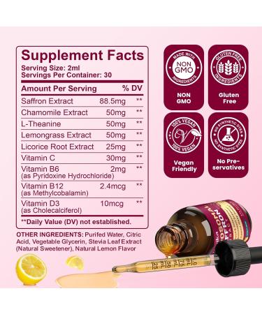 Liposomal Saffron Supplements - 88.5mg Saffron Extract Liquid Drops with L-Theanine, Chamomile, Vitamin C, B6, B12 & D3 for Antioxidant, Immune, Mood, Energy, Focus & Sleep - 2 Fl Oz Lemon Flavor Lemon 2 Fl Oz (Pack of 1) - Buy Online on GoSupps.com