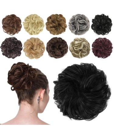 FESHFEN Messy Bun Hair Piece Hair Bun Scrunchies Synthetic Wavy Curly Chignon Ponytail Hair Extensions Thick Updo Hairpieces for Women Girls Kids 1PCS Off Black 38 g (Pack of 1) 1B# Off Black