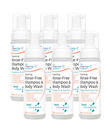 Pharma-C Foaming Rinse Free Shampoo & Body Wash 6 pack - Waterless - Hospital Tested Gentle No-Rinse Formula Leaves Hair & Body Fresh & Clean (Fragrance & Dye Free)