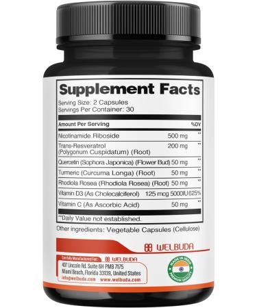 NAD+ Supplement with Nicotinamide Riboside Per Serving w/Resveratrol Quercetin Turmeric Rhodiola Rosea and More - 60 Capsules 60 Count (Pack of 1) - Buy Online on GoSupps.com
