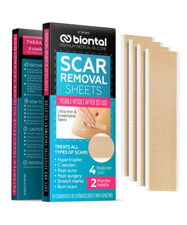 Biontal Silicone Scar Removal Sheets - Ultra-Thin, Breathable & Reusable Medical-Grade Fabric - May Help Minimize Burns, Blemishes, Hypertrophic, C-Section, Post Surgery & Stretch Marks - 4-Pack Box 1 pack (4 sheets)