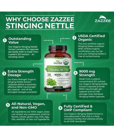 Zazzee USDA Organic Stinging Nettle 20:1 Extract 9000 mg Strength 120 Vegan Capsules 4 Month Supply Concentrated Standardized 20X Extract Certified Organic 100% Vegetarian All-Natural Non-GMO - Buy Online on GoSupps.com