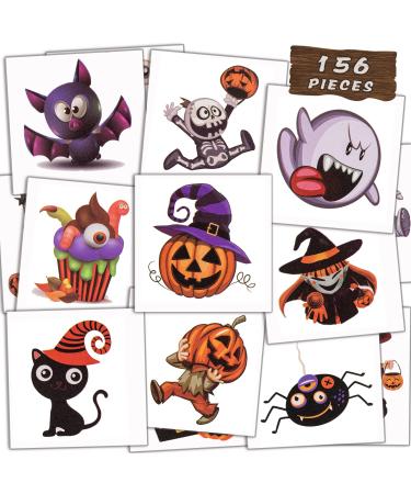 156 PCS Halloween Temporary Tattoos for Kids in 52 Unique Designs - 2 Inch Bulk Halloween Assorted Waterproof Fake Pumpkin Temp Tattoo Sticker for Boys Girls Goody Bag Stuffers Prizes Party Favors