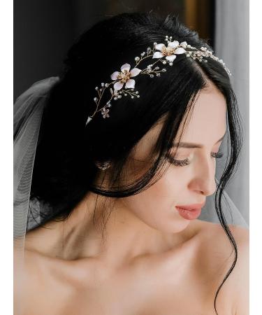 SWEETV Gold Wedding Headband - Pearl Flower Bridal Hairpiece for Women - Crystal Hair Vine Accessory - Buy Online on GoSupps.com