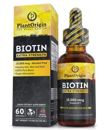 PLANTORIGIN Extra-Strength 15000mcg Biotin Liquid Vitamin Drops - Supports Hair Growth Glowing Skin & Strong Nails Alcohol-Free & Kosher Berry Flavor - 5X Better Absorption 60 Servings