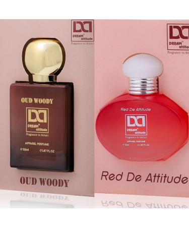 (Pack Of 2) Premium Oud Woody Red De Attitude Men Women Non Alcoholic Long Lasting Floral Oud Woody Scent 55-ML 1.86 Floz Vaporisateur Spray.