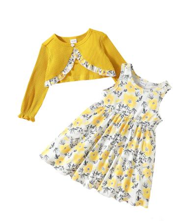 puseky Toddler Girl Dress and Cardigan 2 Piece Girl Floral Print Sleeveless Dress and Ribbed Cardigan Coat Set 3-4 Years Yellow