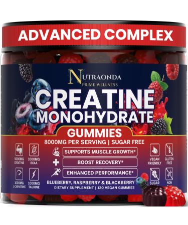 NUTRAONDA Pre-Workout Gummies 120-Count Creatine Monohydrate Gummies for Men and Women Pre-Workout Supplement with BCCA L-Carnitine Taurine for Muscle Growth Energy Performance Berry Flavor
