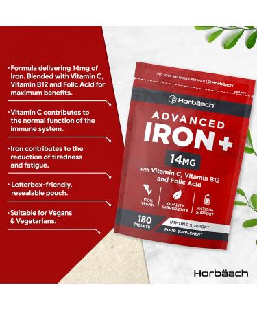 Iron Tablets High Strength | Iron Complex with Vitamin C Folic Acid & Vitamin B12 | Supplement for Men & Women | 180 Vegan Tablets | by Horbaach - Buy Online on GoSupps.com