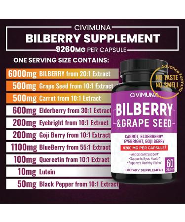 CIVIMUNA Bilberry Capsules 9260mg - 2 Packs - Bilberry, Grape Seed, Carrot, Elderberry - 4 Months Supply - Buy Online on GoSupps.com