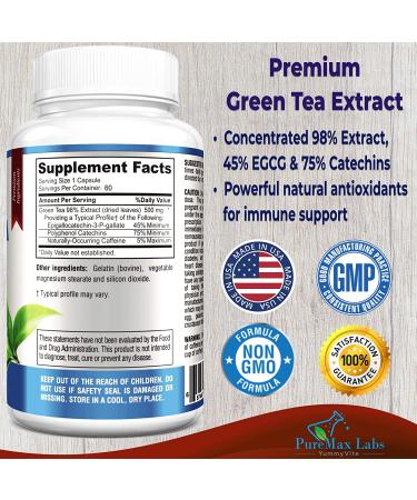 YUMMYVITE Green Tea Extract 98% | 3X Strength | 75% Polyphenols | 45% EGCG | Super Antioxidant - 60 Capsules - Buy Online on GoSupps.com
