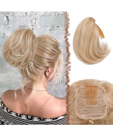Feshfen hair part dutt with COMB short hair parts ponytail haardutt chignon synthetic hair parts artificial hair dutt extensions with comb cord strain for women dark gold mixture