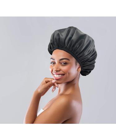 Terry Cloth-Lined Large Shower Cap for Women | Triple Layer, Dry Hair Function | Reusable, Waterproof, Breathable | Black Design - Buy Online on GoSupps.com