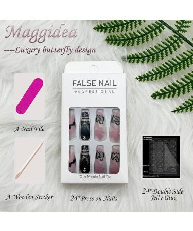 Maggidea False Nails - Long Acrylic Black Stick-on Nails with Butterfly Design for Women | Coffin Ballet French Style Fake Nails for Party - Black Pink Heart - Buy Online on GoSupps.com