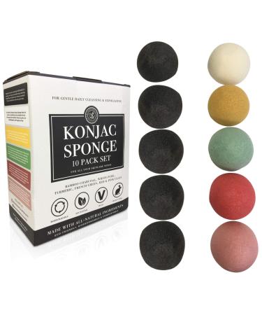 Konjac Sponge Set 10 Pack- Bulk Activated Bamboo Charcoal Facial Sponge Gentle Face Cleansing and Exfoliating Deep Turmeric French Green Rose and Red Clay for Face and Body by Bare Essentials Living