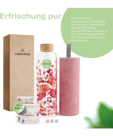 Waterdrop Starter Set Glass - 1L Glass Bottle + 18 Sugar-Free Microdrinks | 6 Fruity Varieties | Perfect for Refreshing Beverages - Buy Online on GoSupps.com