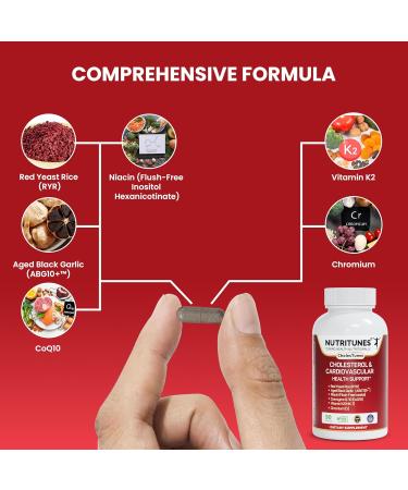Nutritunes Cholesterol Support Supplement-Red Yeast Rice Aged Black Garlic & CoQ10 Advanced Cardiovascular & Heart Health Support with Niacin Chromium & Vitamin K2 90 CholesTunes Capsules - Buy Online on GoSupps.com