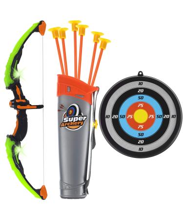 Bow and Arrow Set for Kids -Green Light Up Archery Toy Set -Includes 6 Suction Cup Arrows, Target & Quiver - for Boys & Girls Ages 3 -12 Years Old