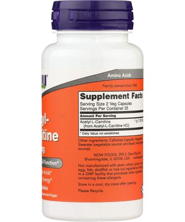 Now Foods Acetyl-L-Carnitine 500 mg - 50 Veg Capsules | Boost Energy & Mental Focus - Buy Online on GoSupps.com
