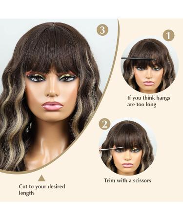 LUNDEREN Short Brown Wavy Wig with Bangs - 16 inch Synthetic Heat Resistant Highlight Wig for Women - Perfect for Daily & Party Use - Buy Online on GoSupps.com
