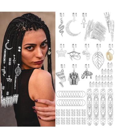 107 Pieces Dreadlocks Locs Jewelry Braids Clips African Pendant Charms Braid Loc Stainless Steel Adjustable Hair Cuffs Butterfly Shell Leaf Snake Moon Cross Dreadlock Accessories Silver