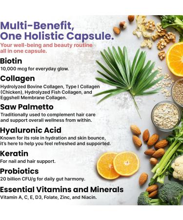 27-in-1 Hair Skin and Nails Vitamins (6810mg) with Biotin 10000mcg - Collagen Supplements for Men and Women - Keratin Supplements with Probiotics and Saw Palmetto, 90ct 90 Count (Pack of 1) - Buy Online on GoSupps.com