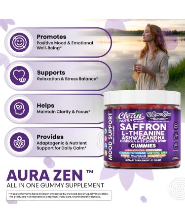 AuraZen Mood Support Saffron Gummies L-Theanine Ashwagandha Rhodiola St John's Wort Lions Mane GABA Vitamin D Magnesium Supplement | Calm Vegan Plant-Based Herbal Gummy by Clean Nutra - Buy Online on GoSupps.com