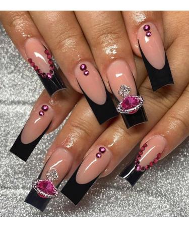 24pcs Black French Long Coffin Fake Nail Black Rhinestone Press on Nails Luxurious Nails Acrylic Nails Fake Nails For Women Girls