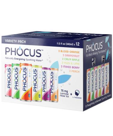 Phocus Caffeinated Sparkling Water - Clean Energy with Caffeine + L-Theanine Variety Pack - 0 Sugars, Calories or Carbs - Non GMO, Whole 30, Keto, Vegan, Kosher - 11.5 Fl Oz. (12 Pack) Variety Pack 11.5 Fl Oz (Pack of 12)