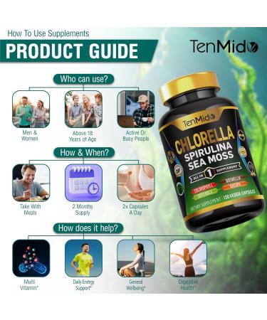 Tenmido Chlorella Supplement for Men and Women - 7in1 Formula with Spirulina Sea Moss Chlorophyll Gotu Kola Boswellia & Bacopa - Immune Support - Rich in Nutrient Vitamins - 120 Capsules - Buy Online on GoSupps.com