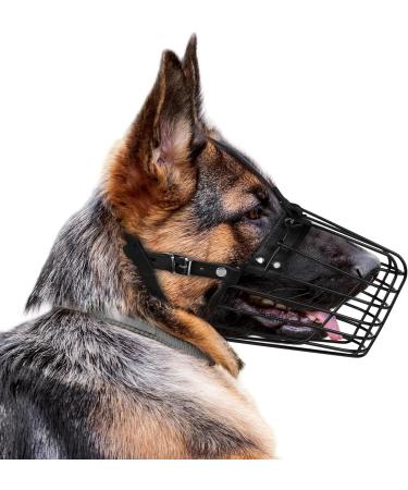Budkas German Shepherd Metal Basket Muzzle for Medium Dogs - Adjustable Durable Leather Straps Safe for Chewing - Black Size L - Buy Online on GoSupps.com