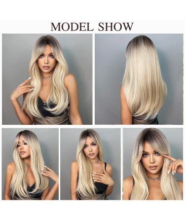 Esmee 24-Inch Long Straight Blond Wig | Ombre Synthetic Hair with Dark Roots | Perfect for Daily Party & Cosplay Wear - Buy Online on GoSupps.com